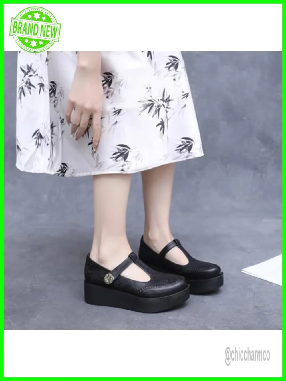 Genuine Leather T-Strap Platform Mary Janes Wedge Pumps Comfortable Hook Loop